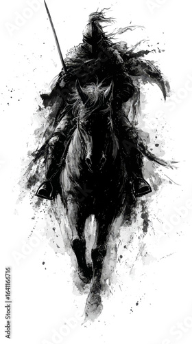 In a 2D illustration, a young girl clad in heavy plate armor charges into battle on an armored horse, her sword at the ready and confidence shining in her eyes