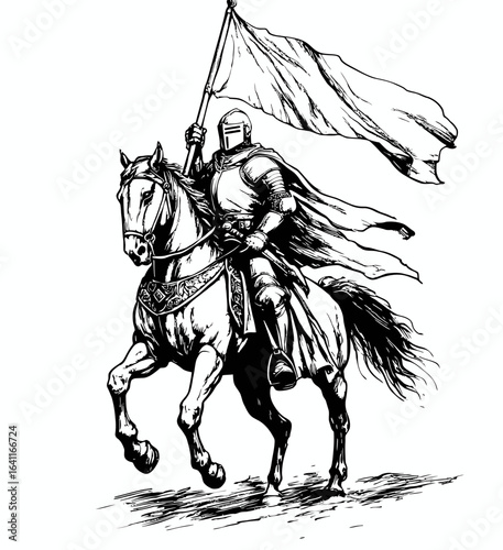 A medieval knight, who may be Saint George, wears armour as he rides his horse to participate in a joust, holding a lance or spear and displaying a banner