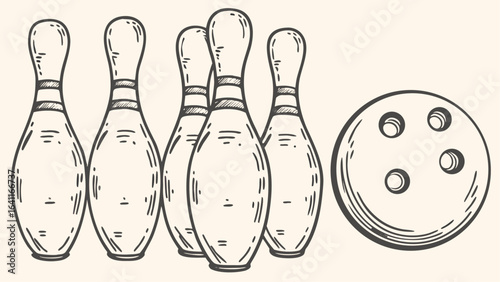 Illustration showing a group of bowling pins standing next to a bowling ball with finger holes