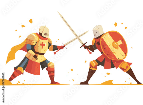 Two medieval warriors in armor clash with swords, their shields at the ready, in a flat modern illustration set against a white background