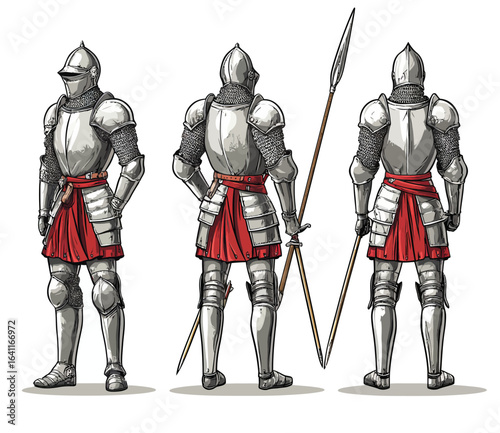 Late medieval men at arms on foot, clad in full plate armour and armed with polearms, are illustrated in isolation on a transparent background as an EPS 10 modern