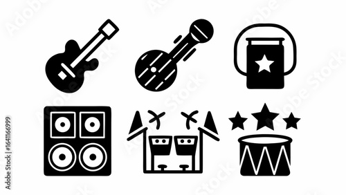 Illustration of musical instruments including a guitar banjo speaker drum set and a bucket drum set up