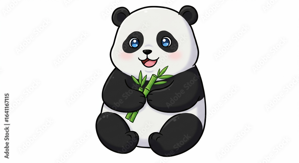 Naklejka premium Cartoon panda sitting upright, holding green bamboo shoots, with a happy expression and rosy cheeks.