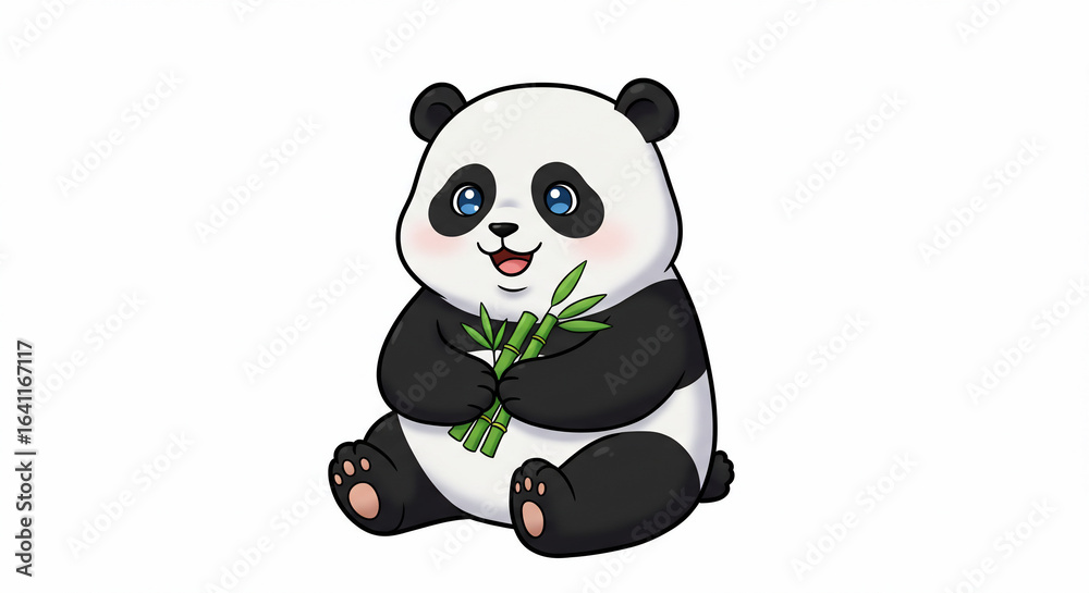 Obraz premium Cute cartoon panda sitting and holding a bunch of bamboo shoots, smiling with bright blue eyes.