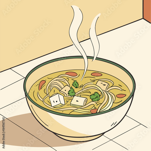 Delicious and healthy steaming bowl of tofu and noodle soup illustration