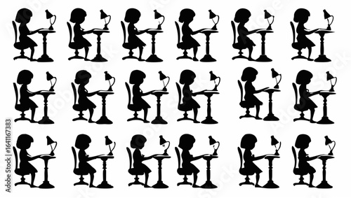 Silhouette pattern of women sitting at desks with lamps in a repeating arrangement on a white backdrop