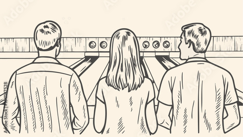 Three people facing a bowling alley with visible lanes and ball return system in a vintage illustration style