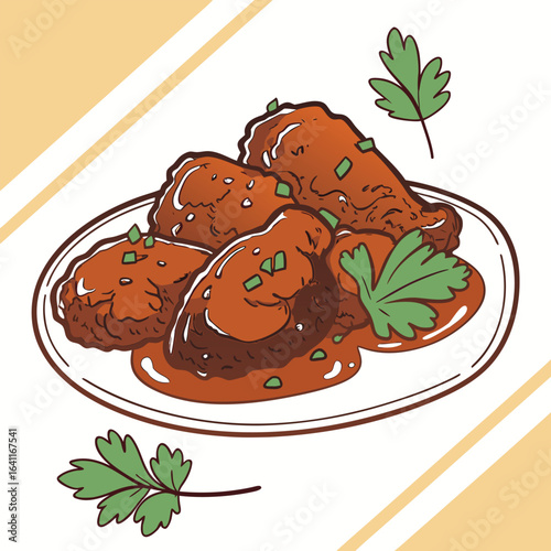 Illustration of delicious chicken wings with sauce on a white plate