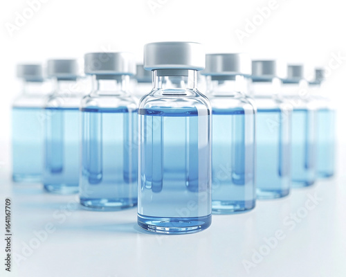 Sterile glass vials filled with blue medicall liquid