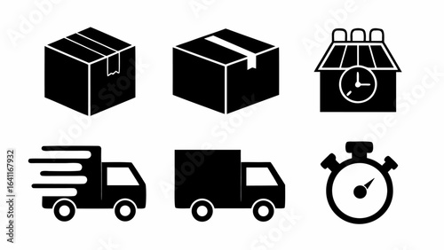 Illustration of shipping and delivery icons including boxes trucks store and a stopwatch in black