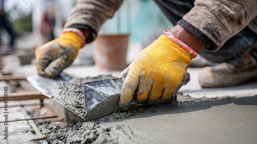 Construction Worker Applying Cement Mixture with Trowel for Pavement in Outdoor Setting