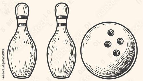 Illustration showing two bowling pins and one bowling ball with four holes in a sketch style