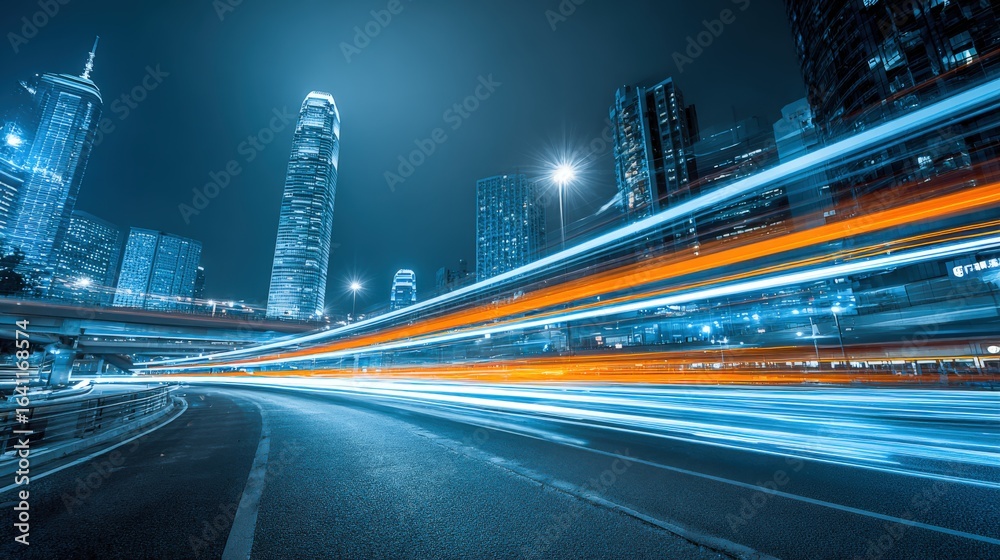 Obraz premium Dynamic Urban Nightscape with Light Trails and Modern Architecture, Capturing City's Energy and Movement
