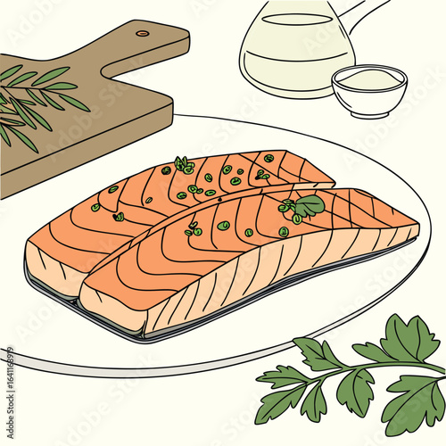 Raw Salmon Steaks on a Plate with Herbs and Cooking Ingredients Preparation