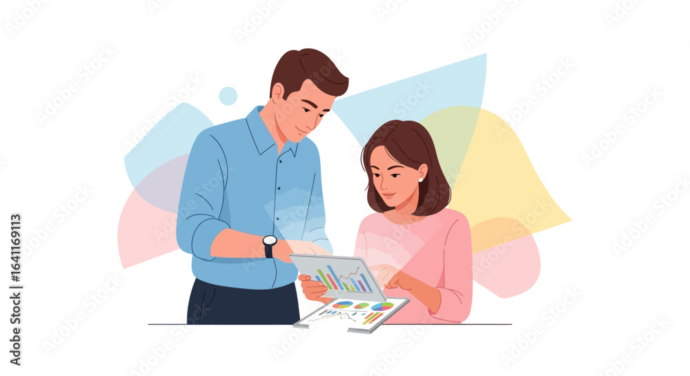 Fototapeta premium A man and a woman are looking at data on a tablet and printed documents.