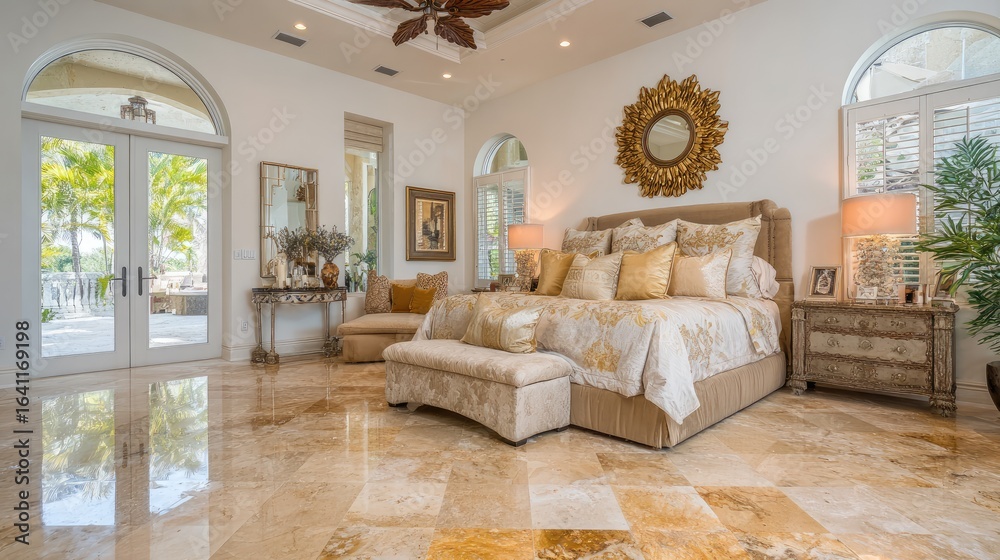 Fototapeta premium Elegant and Luxurious Master Bedroom Design with Marble Floors and Cozy Atmosphere