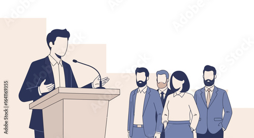 A speaker addressing an audience from a podium, with a group of listeners.