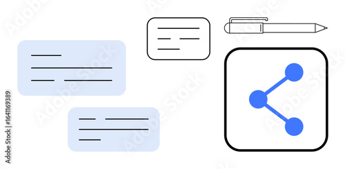 Chat bubbles, sharing icon, and pen symbolize networking, social interaction, communication tools. Ideal for teamwork, social media, messaging, networking creativity collaboration simple landing