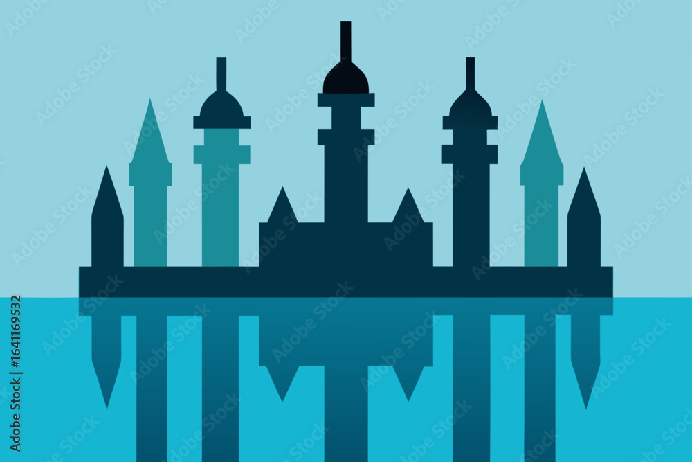 Obraz premium Silhouette of a castle reflecting on the water surface area