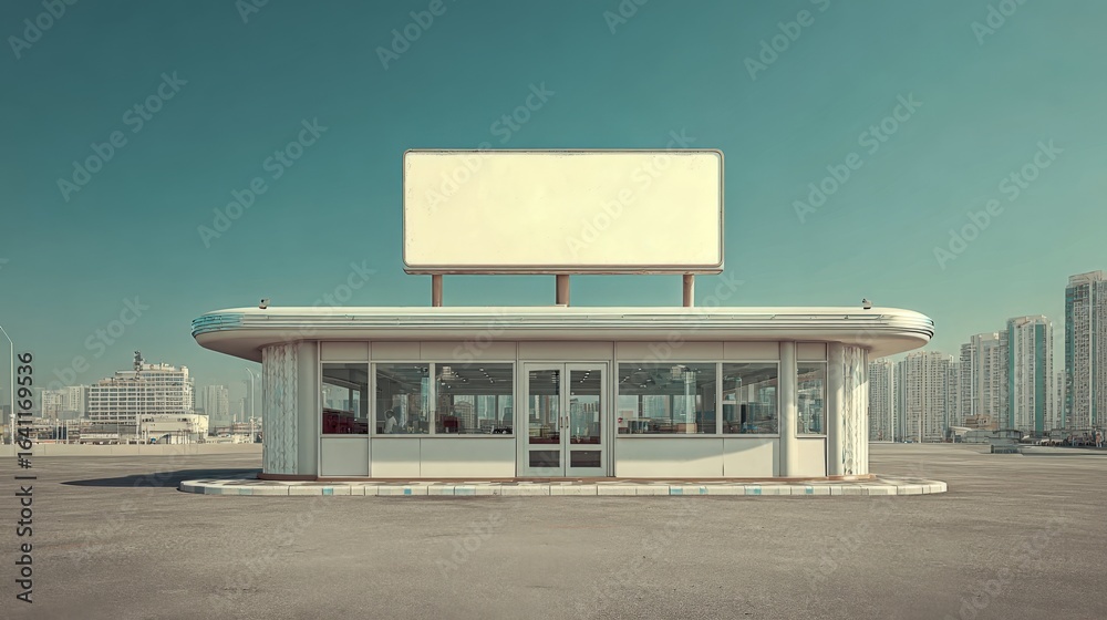 Obraz premium Retro Diner with Blank Billboard Mockup on Rooftop under a Clear Sky, Advertising Space