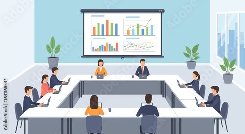 A business meeting with a team of people around a table, analyzing financial charts.