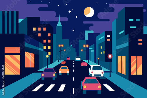 City street at night with cars and buildings illustration