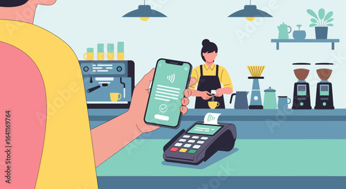 Customer uses smartphone for contactless payment at a coffee shop counter.