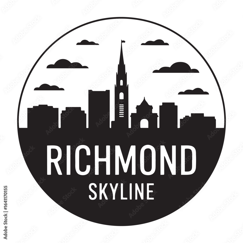 Obraz premium Richmond skyline. Circular style. Stock vector illustration Vector black silhouette. with white background.