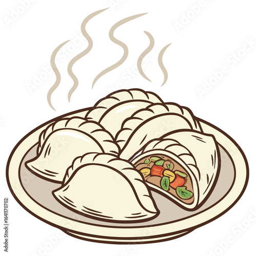 Steaming Plate of Freshly Made Dumplings Ready To Be Served and Eaten