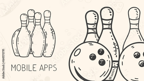 Illustration depicting bowling pins and a bowling ball in a hand drawn style for mobile apps design