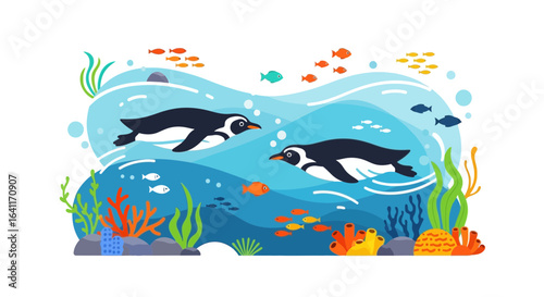 Charming penguins glide underwater amidst vibrant marine ecosystem illustration