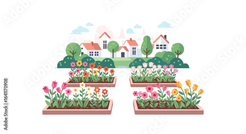 Charming Neighborhood with Blooming Flowerbeds, Illustration, Vector Art