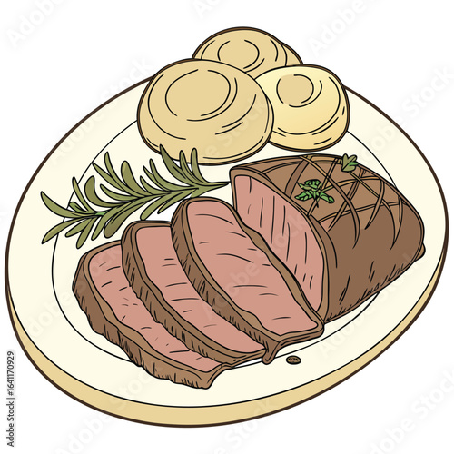 Cartoon image of a plated roast beef dish with mashed potatoes