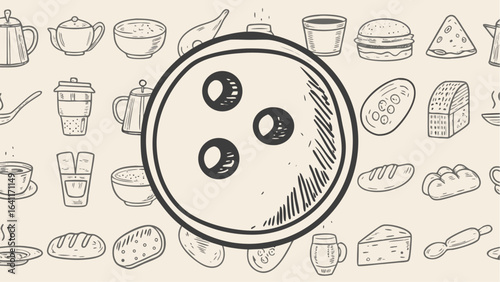 Illustration of a pizza with three olives surrounded by various kitchen and food related items sketched