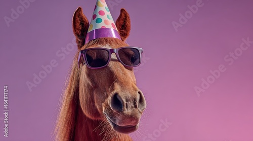 Funny Horse Portrait with Party Hat and Sunglasses on Purple Background for Celebration