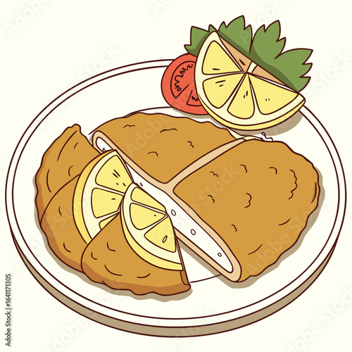 Cartoon schnitzel dish with lemon wedges, tomato and green parsley garnish