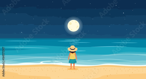 Contemplative moment at ocean beach under moonlit night serene scene