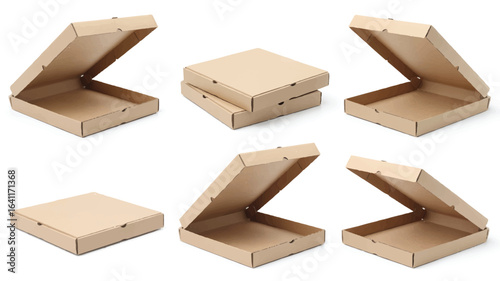 Cardboard pizza boxes in various open and closed positions packaging food packaging