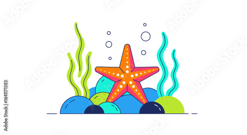 Coral Reef Scene with Starfish and Seaweed Graphic Illustration Artwork