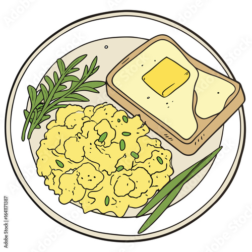 Scrumptious Plate of Scrambled Eggs and Buttered Toast Illustration for Breakfast