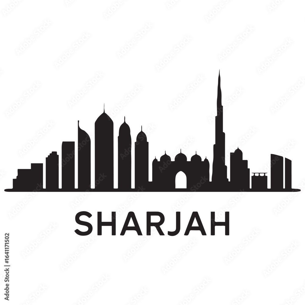 Obraz premium Sharjah skyline. Landscape Sharjah, UAE. Vector illustration. Vector black silhouette. with white background.