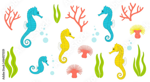 Delightful underwater world with stylized seahorses and marine elements pattern
