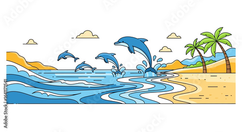 Dolphins leaping out of the sea near a tropical beach coast illustration