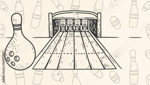 Illustration of a bowling alley with pins standing and a bowling ball in the foreground with background pins