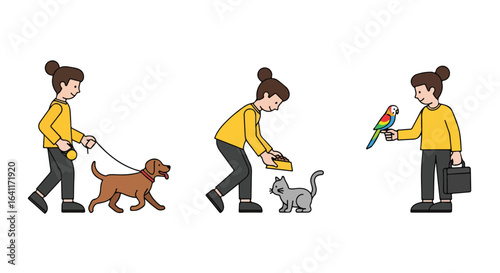 Woman Engaging in Various Pet Care Activities Including Walking a Dog, Feeding a Cat, and Interacting with a Parrot, Useful for illustrating pet ownership and responsibilities