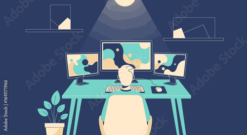 Person sitting at a desk with three monitors, working or gaming in a dark room illuminated by a lamp.