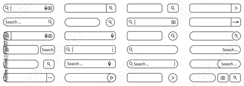 Search bar UI elements. Collection of search bar with different styles and icons. Includes variations with microphone, camera, and submit buttons