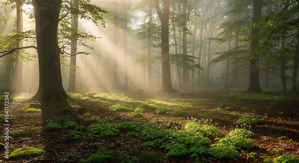 Obraz premium Sunbeams filtering through the trees in a misty forest during the golden hour