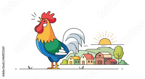 Illustration of a colorful rooster crowing in front of a farm at sunrise