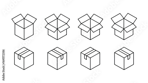Open and closed cardboard boxes isometric line art packaging shipping